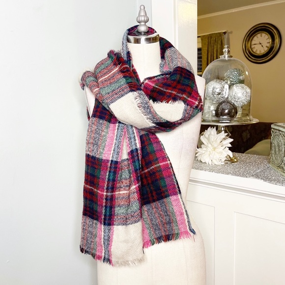 Pink Wool Plaid Tartan Blanket Scarf New Beige Red - Picture 3 of 9